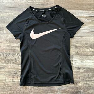 Nike Dri Fit Graphic Print Metallic Pink Swoosh Ventilated Short Sleeve